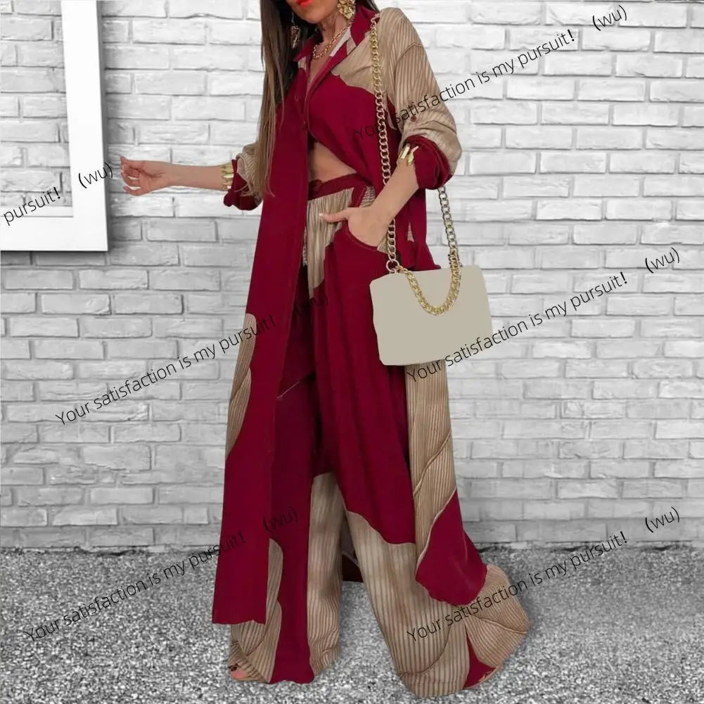 ZOCI-V neck women's casual two-piece suit, super long patchwork printed top + wide-leg pants, loose color scheme work suit