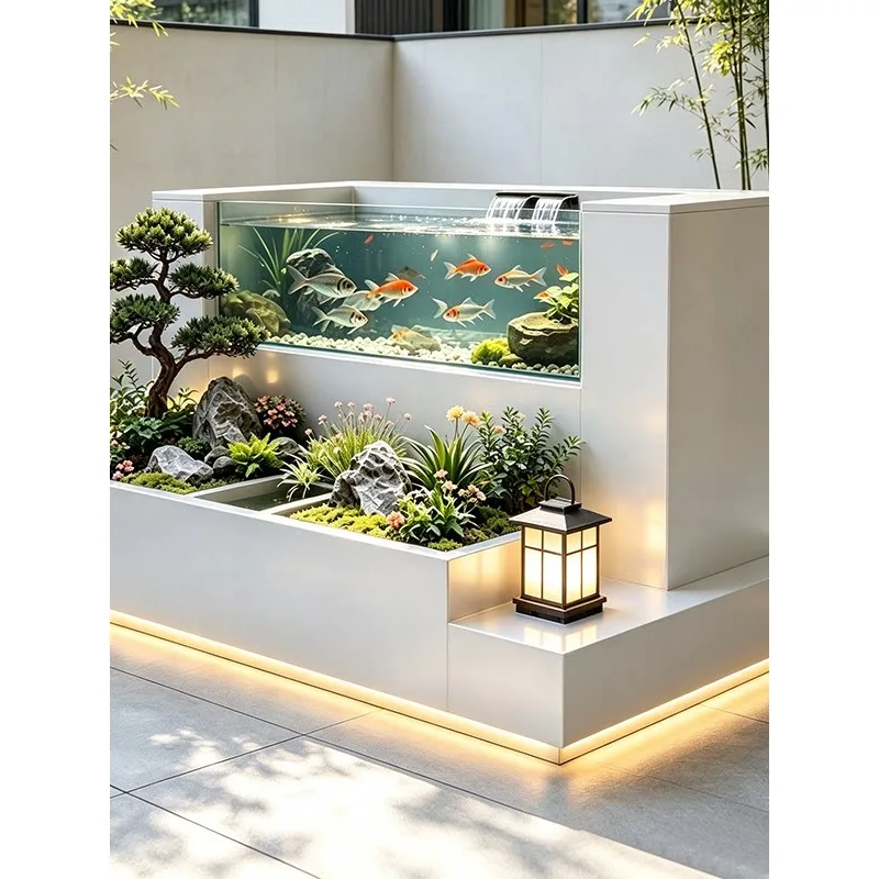 Luxury Outdoor Stainless Steel Fish Tank Water Feature with  Light Modern Garden Pond Landscape Decoration for Villa Courtyard