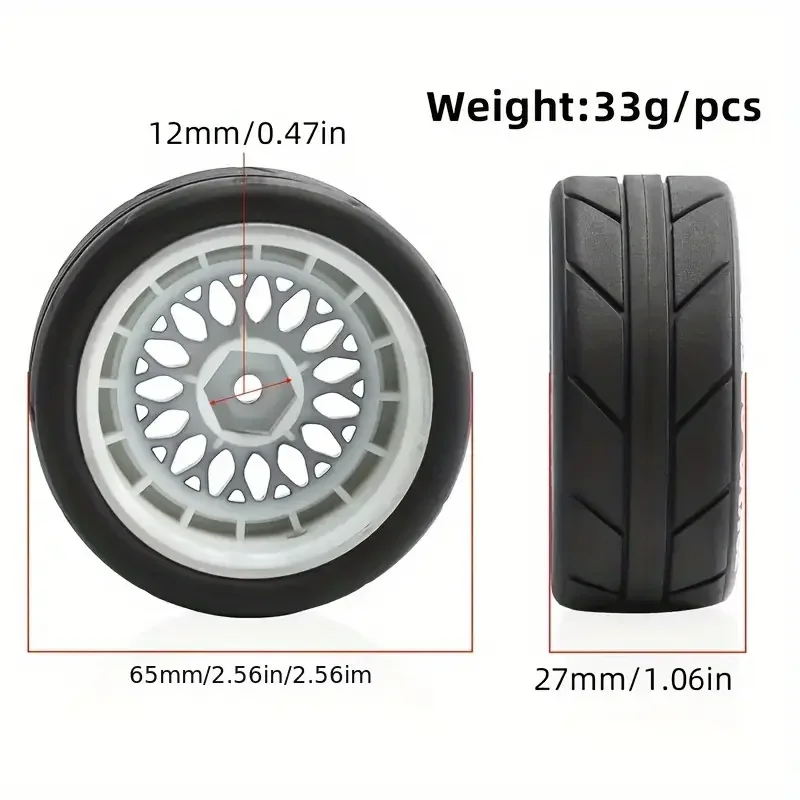 4PCS 65mm Drift Tires & Wheels, High Grip Flat Run Set for 1/10 On-Road RC Car Tamiya TT02 XV01 WRC 4
