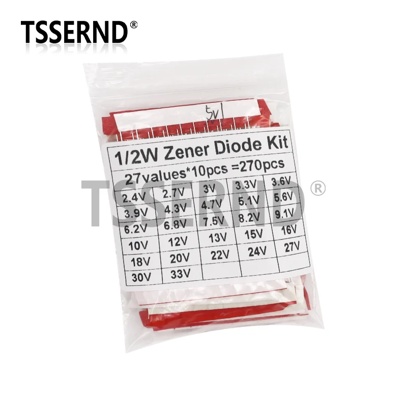 270pcs 1/2W Zener Diode Assorted Kit DO-35 0.5W 2.4V-33V 27Values Each 10pcs DIY Sample Set