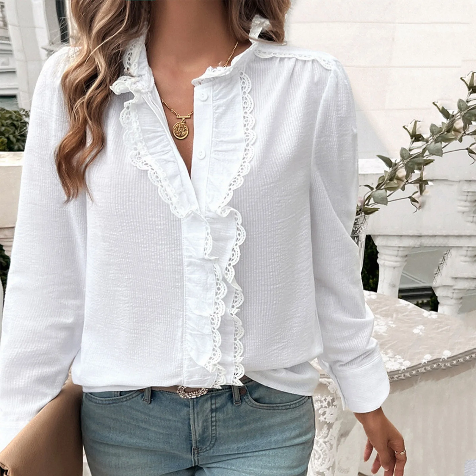 Autumn Blouses Winter Women Stand Collar Ruffled Button Shirts Office Lady Stripe Single Breasted Shirts Tops Blusas Para Mujer