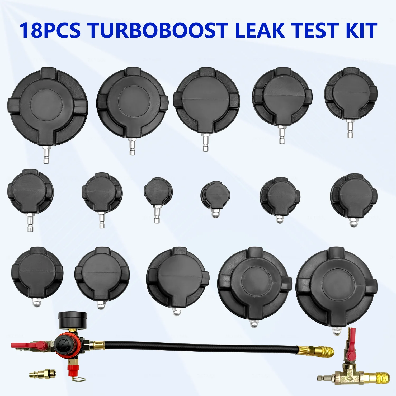 19 Piece Turbo Leak Tester Set with 8 Pairs of Stepped Adapters 1-1/4