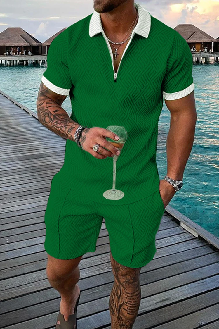 Conjunto de Polo Casual de Verano para Hombre, Estilo Vintage, Traje Deportivo de Color Sólido, Cuello Camisero con Cierre, Conjunto de Ropa