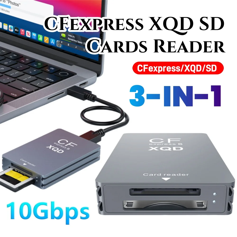 3 in 1 CFexpress Type B/XQD/SD Card Reader, Dual-Slot USB 3.2(10Gbps) Card Memory Reader for Windows XP/Vista/Mac
