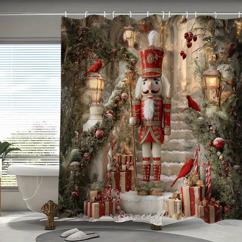 1pc Christmas Nutcracker Shower Curtain, Red Gold Nutcracker Soldier Cardinal Gift Print, Festive Home Bathroom Decor