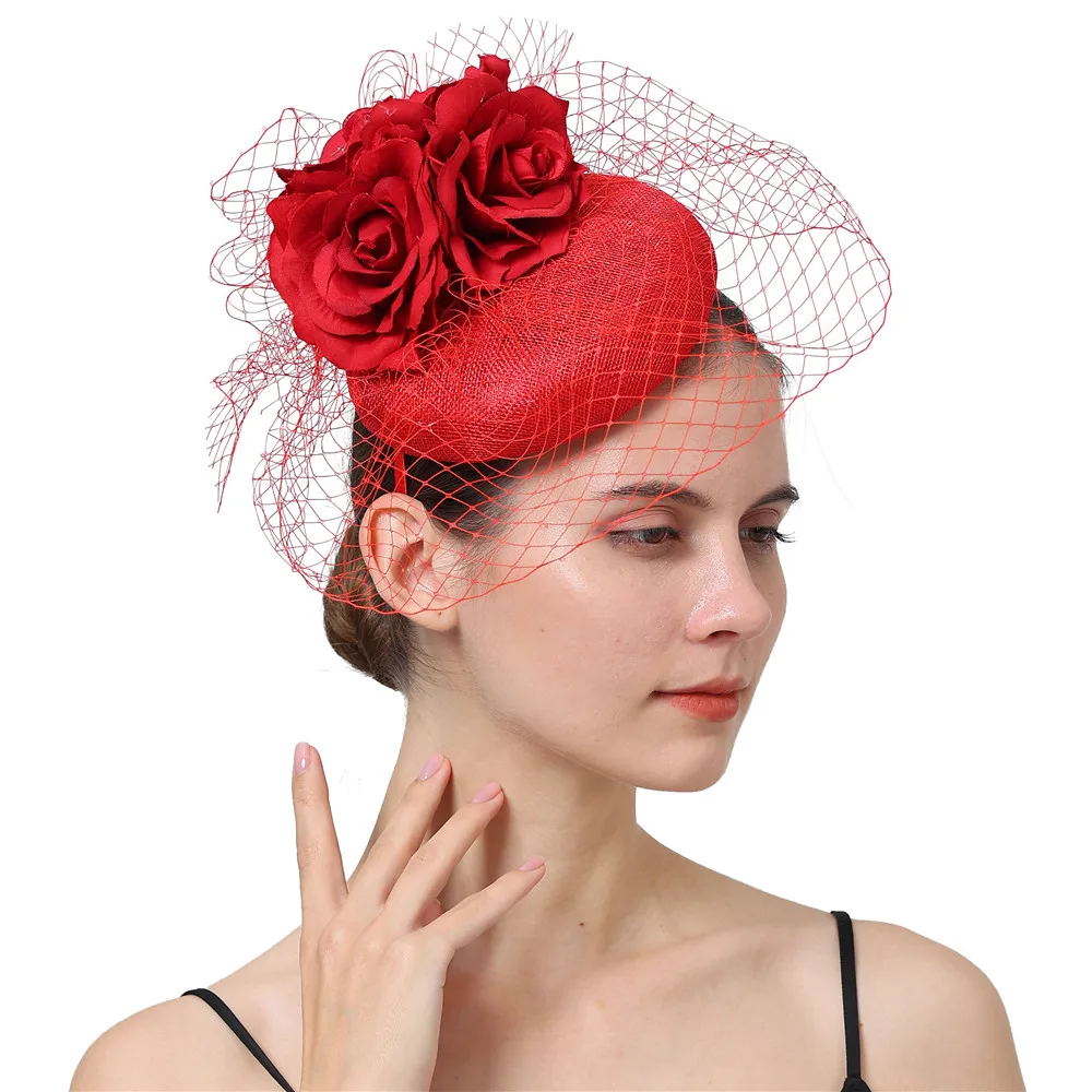 Red Fascinators Hat For Women  Amazing Headwear With Flowers Weddings Party Kenducky Royal Asscot Pillbox Cap Hair Clip Bride