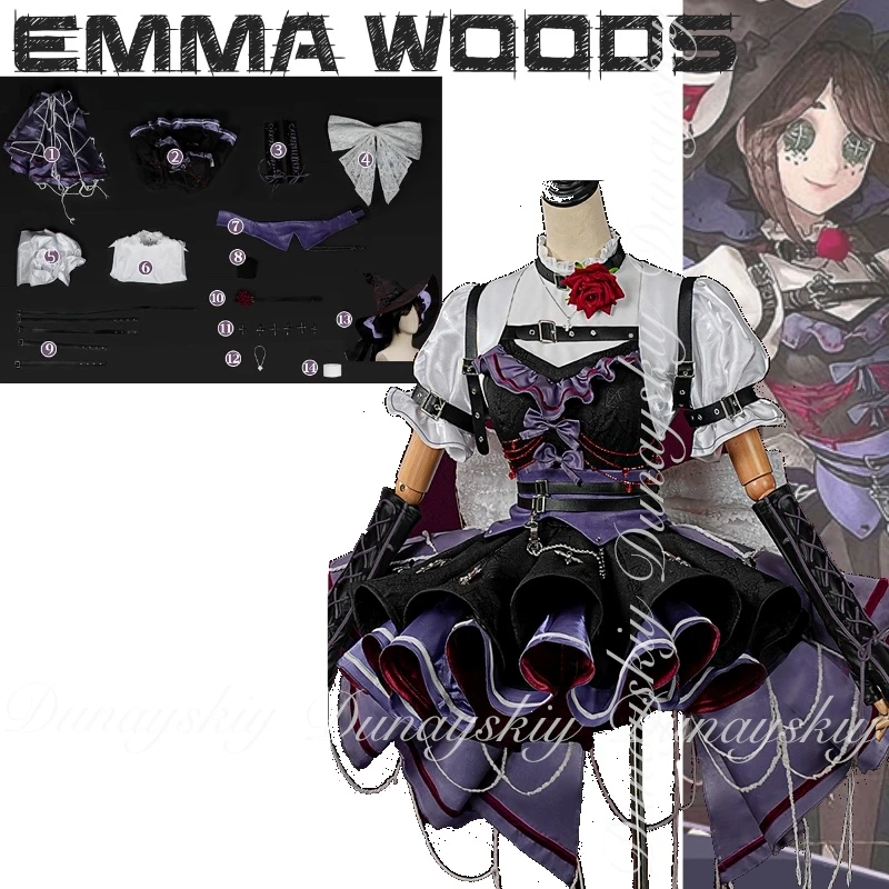 الهوية الخامس لعبة إيما وودز البستاني تأثيري الناجي مع فستان أسود أرجواني في حفلة الهالوين تأثيري حلي مليئة بالبدلة #2