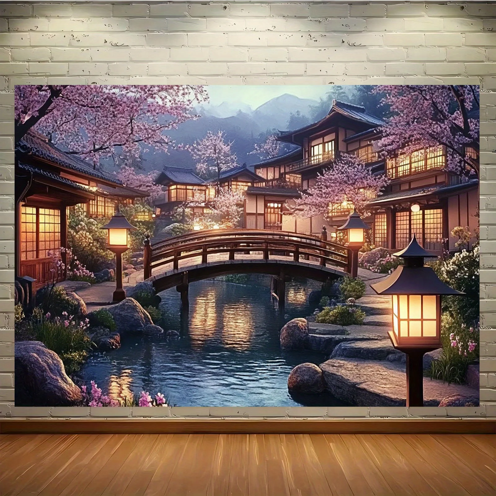 Japanese Garden Cherry Blossom Night Scene Traditional House Bridge Lanterns Water Reflection Spring Scenery Anime Art Wall