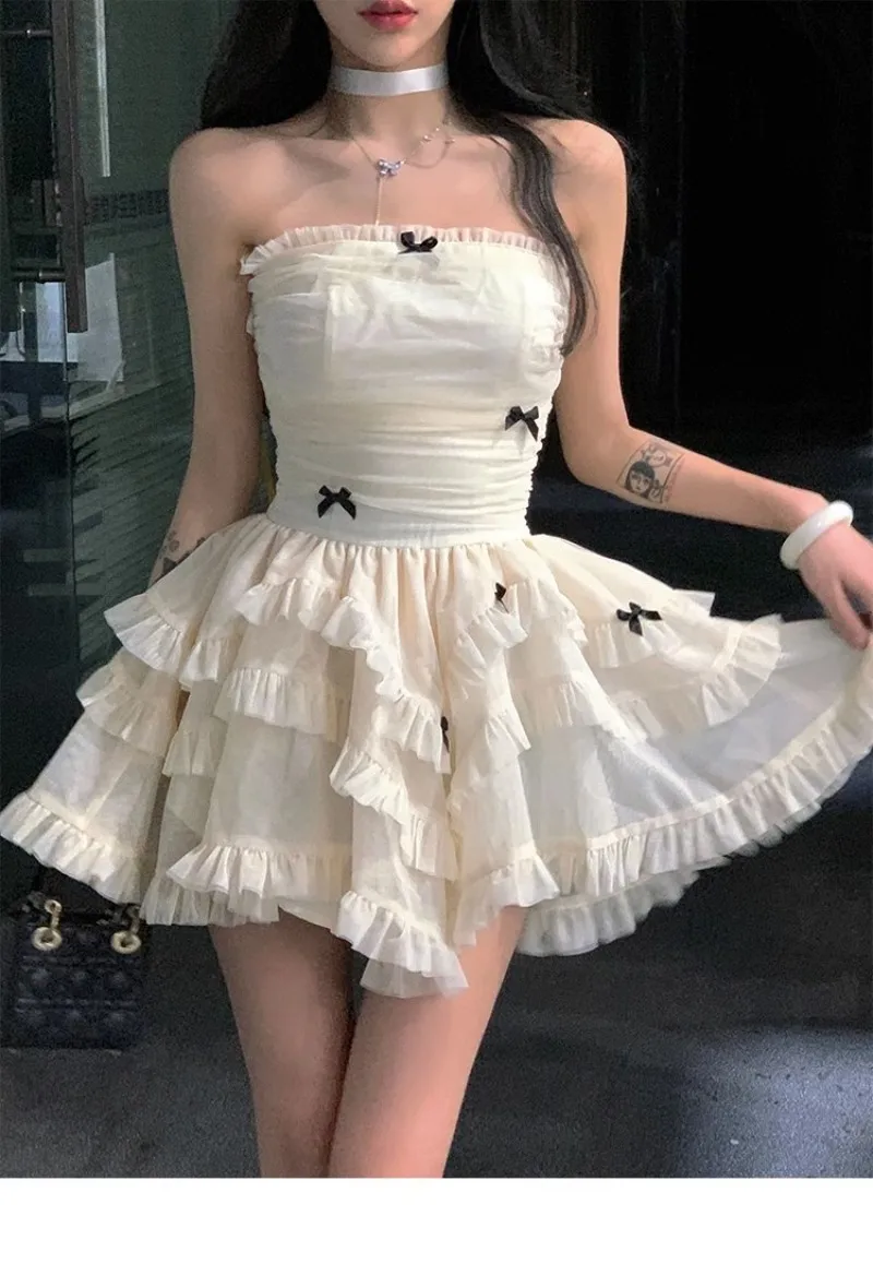 Korean Y2k Black Mini Dress for Women 2023 New Summer Casual Tulle Bralette Sleeveless Lolita Birthday Cake Puff Female Clothes