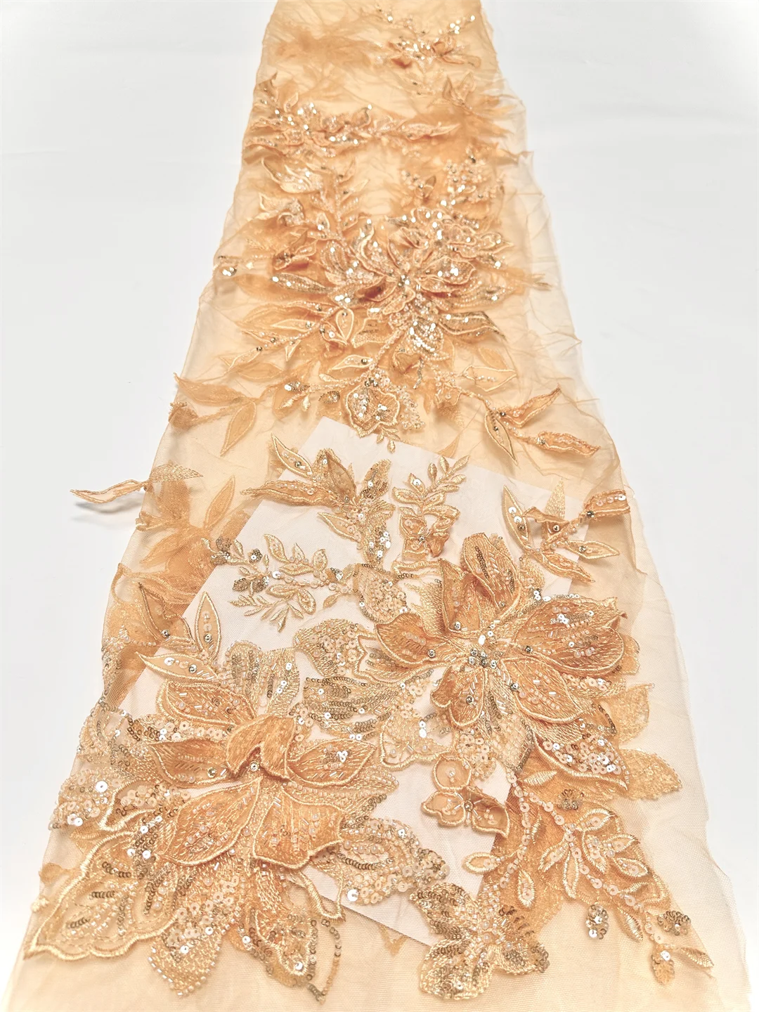 African Lace Fabric Heavy Sequins Beaded With Gold Embroidered French Mesh Tulle Lace For Sewing Wedding Party Dresses 2025