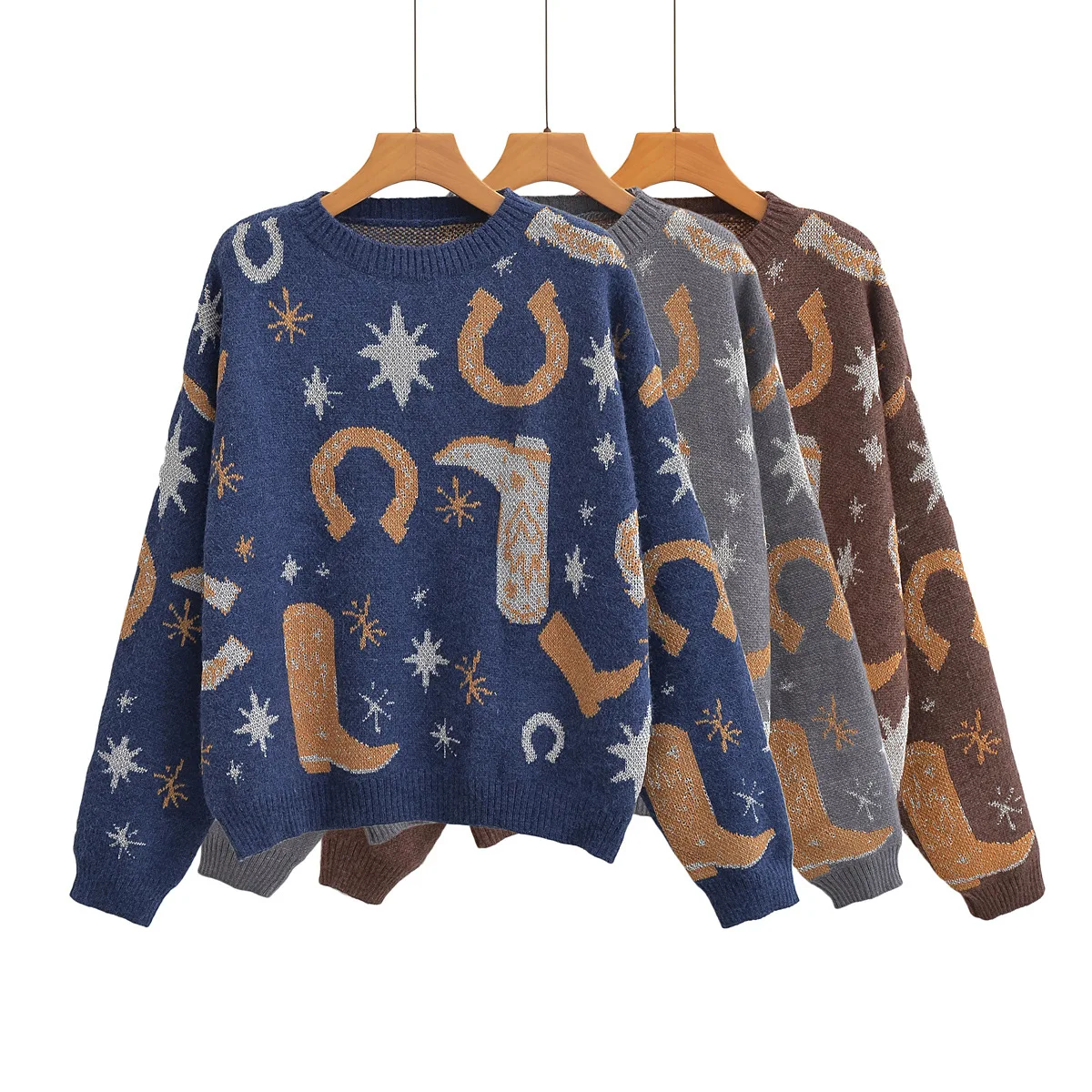 

New round Neck Long-Sleeved Jacquard Knitted Sweater for Women European And American Style Export Fashion 221279