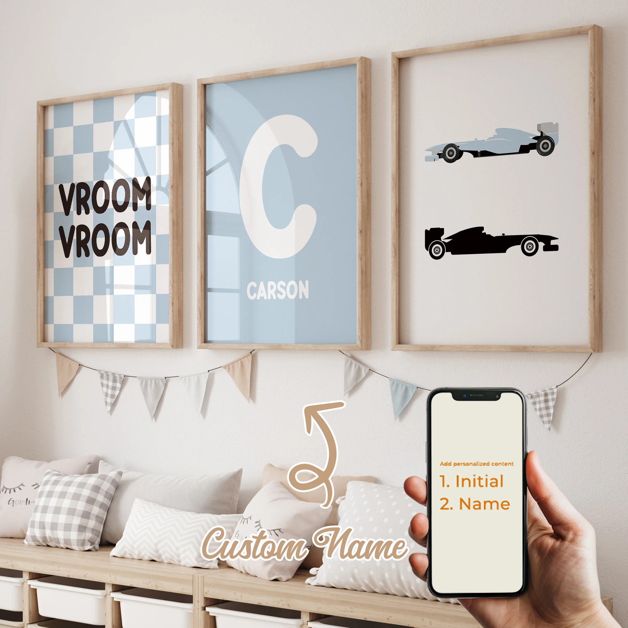 3pcs Personalized Custom Name Cartoon Bule Car Wall Art Print Picture Canvas Poster Painting For Living Child Room Home Decor