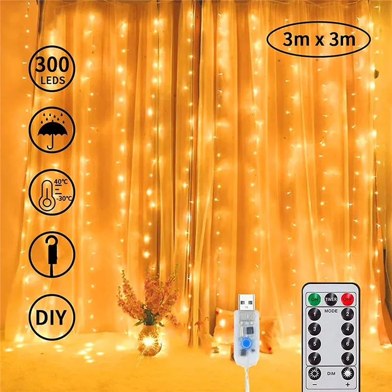 Curtain Light Led Waterproof String Lights Room Decoration Christmas Ambient Light USB Remote Control 3*3 Meters