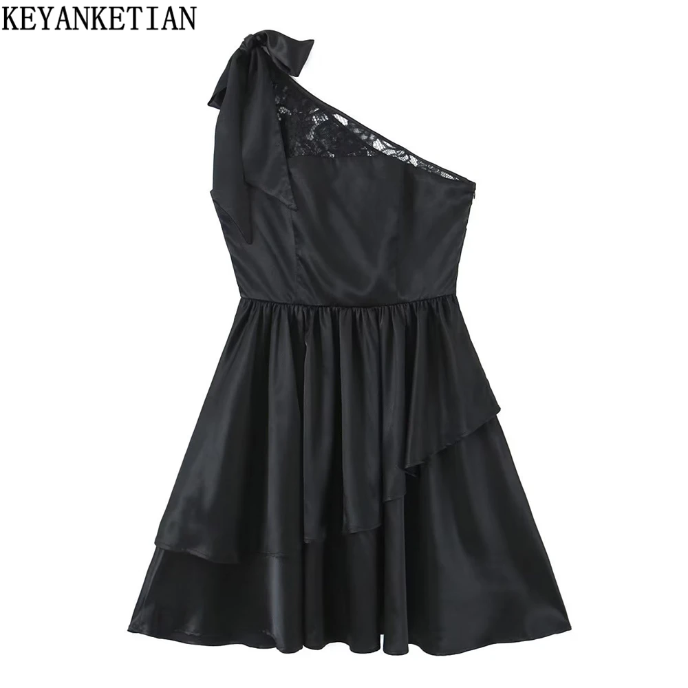 

KEYANKETIAN summer new asymmetrical diagonal neck one-shoulder lace patchwork dress women's sexy evening dress mini skirt