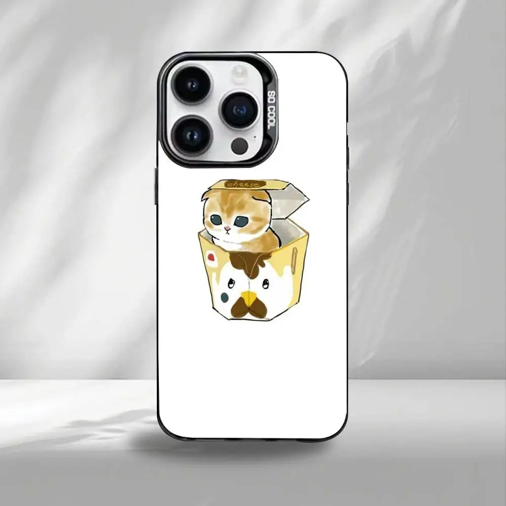 C-ute Mofusands Cat Phone Case For iPhone17,16,15,14,13,12,11 Plus,Pro Max Black Border Silver  Plated Cover