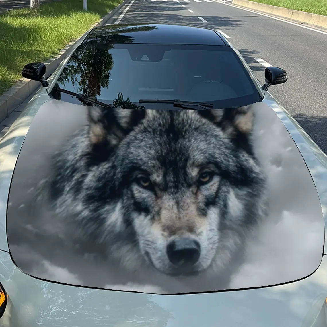 

The Wolf Galloping in The Clouds and Mist Durable Car Hood Stickers, Suitable for Most Vehicles, Ideal Gift, for Exterior Use, V