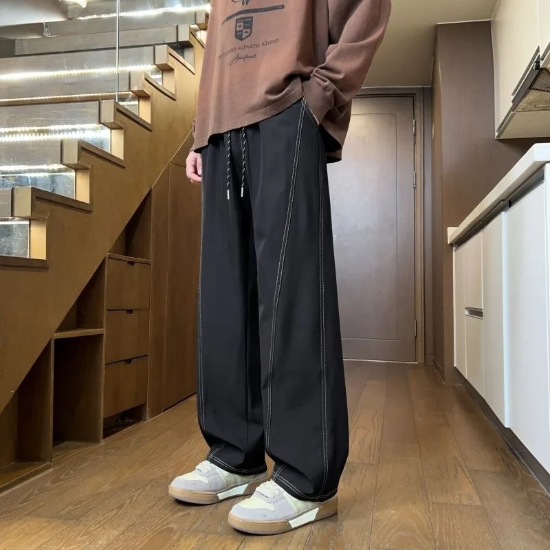 Men's Wide-Leg Pants Drawstring Waist Contrast Stitching Loose-Fit Casual Daily Trousers