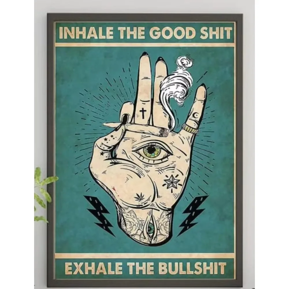 Vintage Aluminium Inhale Good Stuff Tattoo Hand Tin Sign, Teal Mystic Eye Palm Graphic Wall Decor for Smoke Room & Lounge Home