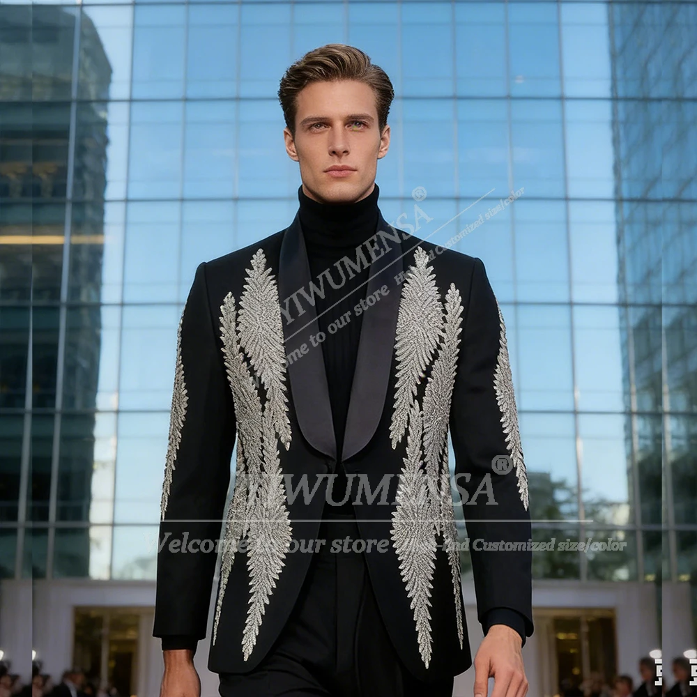

Элегантный мужской костюм: пиджак с бисерной отделкой и брюки, комплект из 2 предметов, для жениха, свадебный смокинг, Ropa Hombre