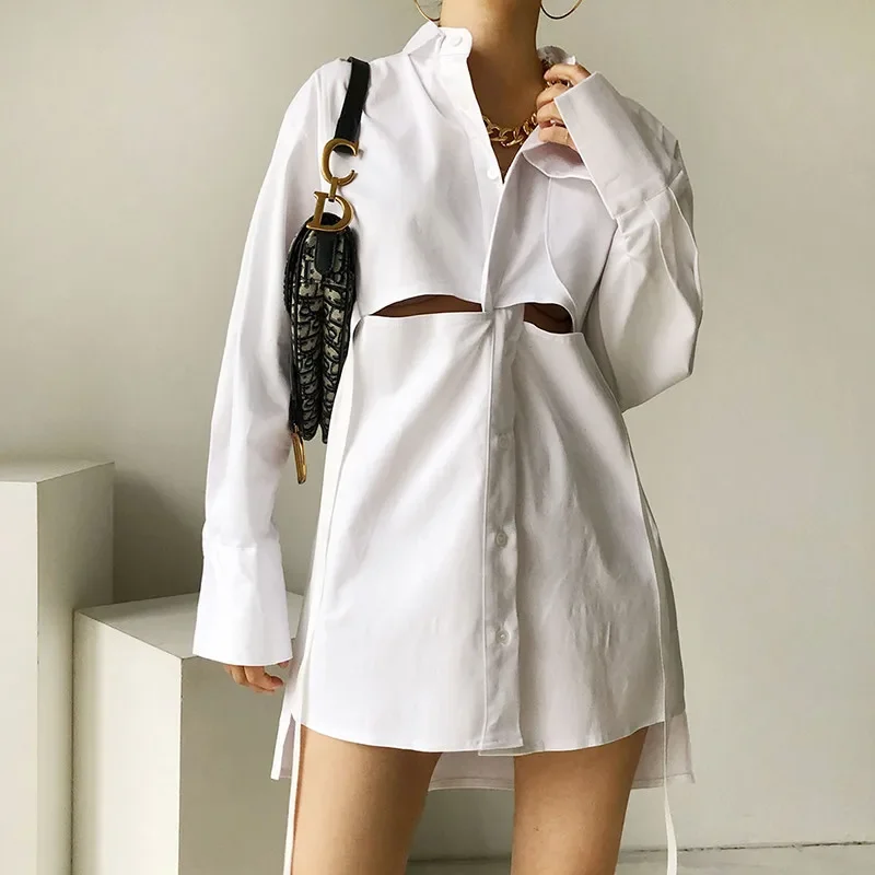 

Chic Hollow Out White Shirt Dress Summer Fashion Loose Design Cross Front Mini Dress Long Sleeve Casual Irregular Long Shirt