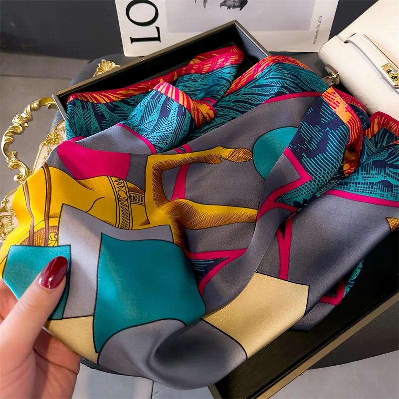 Luksusowy szal kwadratowy z nadrukiem dla kobiet, satynowe modne chusty, apaszka, damska opaska do włosów, wstążka, bandana 70x70 cm