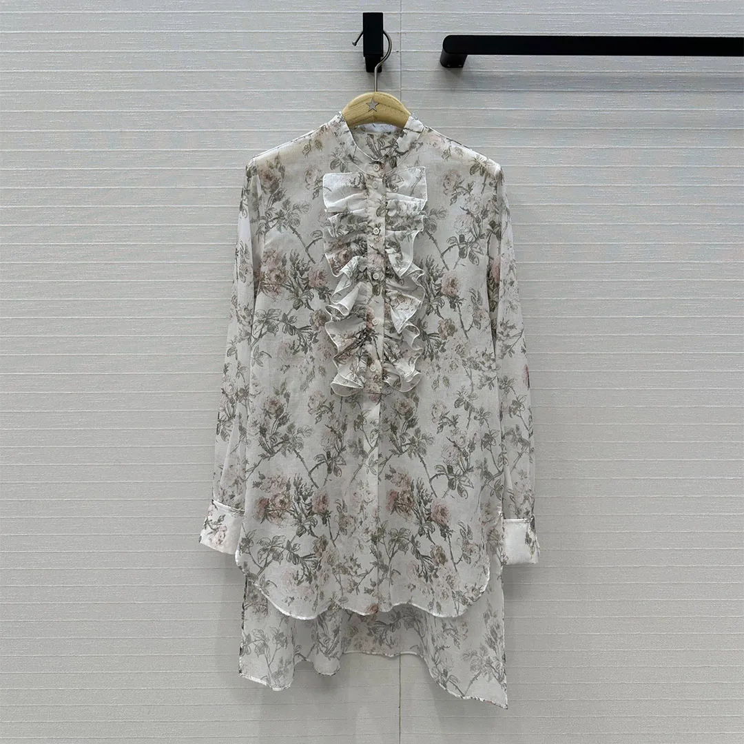 

French Elegant Lady New Spring Cotton Long Shirt Women Vintage Print Pattern O-neck Ruffles Long Sleeve Sweet Blouse