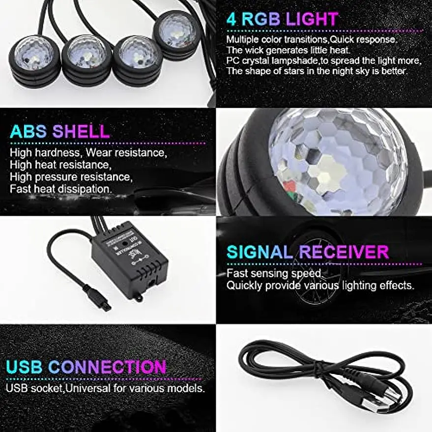 4PCS Star Projector Light RGB USB LED Lights Car Interior Decoration Atmosphere Light Remote Control