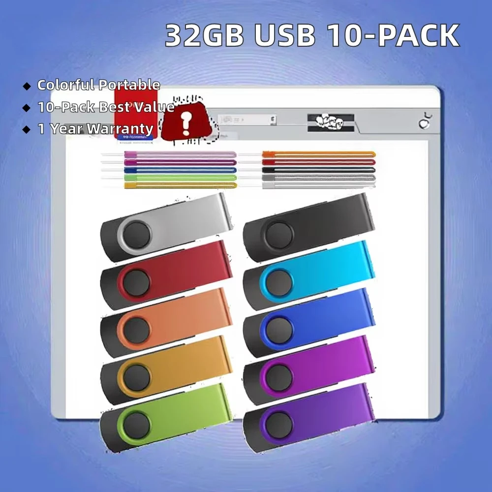 Wooden New 32GB USB Flash Drives 10-Pack USB 1.1 Multicolor Portable Keychain Data Storage Gift Videos 1-Year Warranty