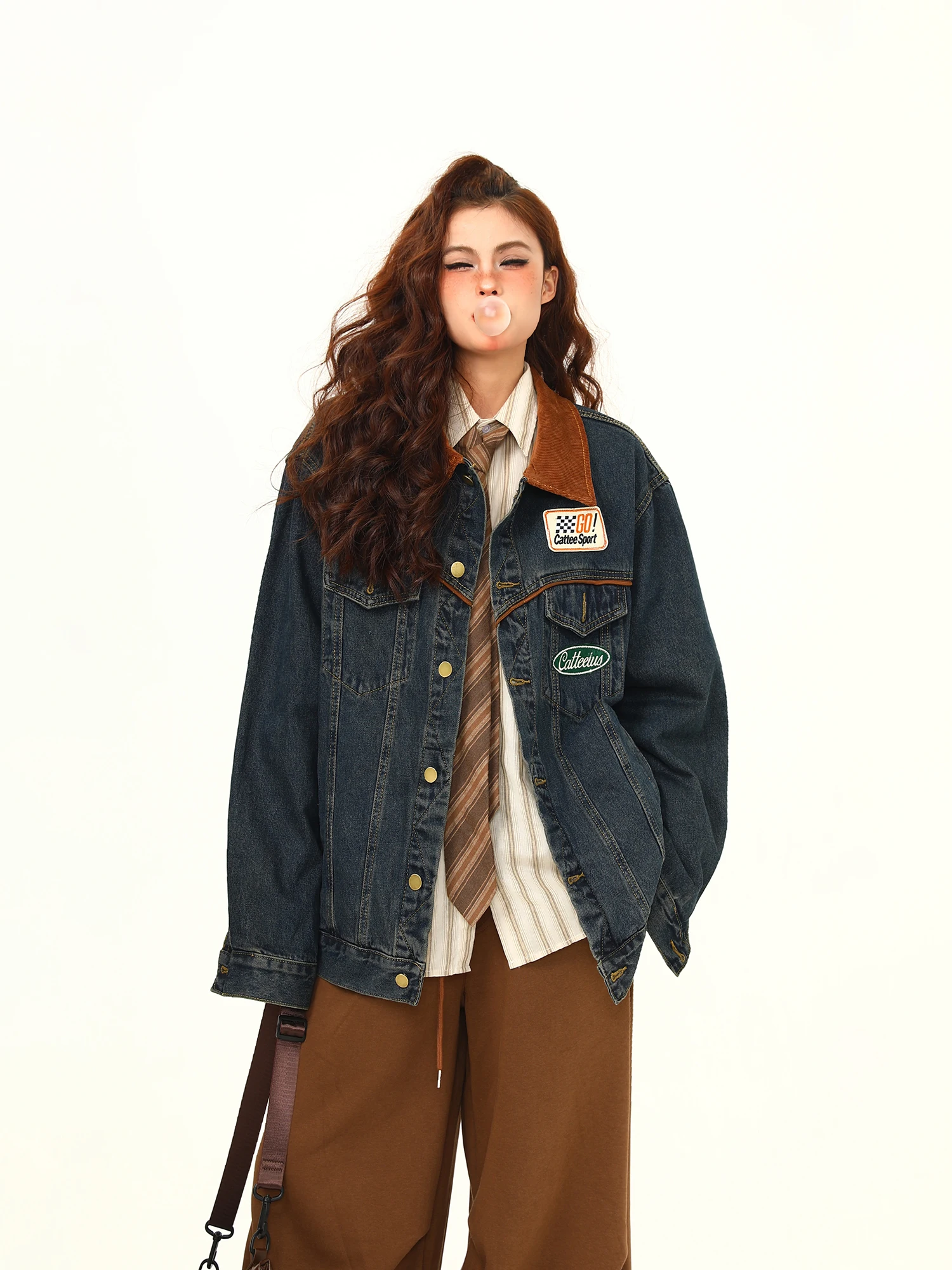 

Wild American Retro Denim Jaet Women's Waed Heavy-du Motorcycle Trendy Brand Turn-down Collar Loose Top