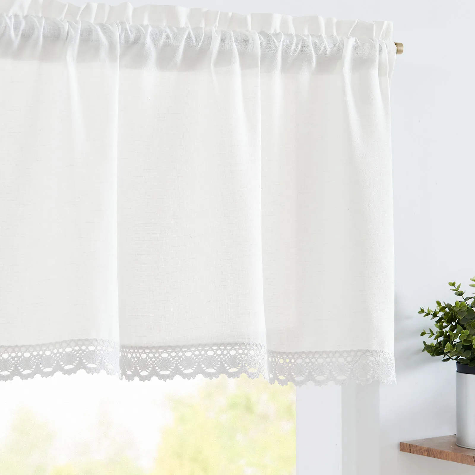 JINCHAN Linen Valance Lace Trim Half Window Drapes Semi Sheer Cafe Curtain Light Filtering Valance Kitchen Short Curtain