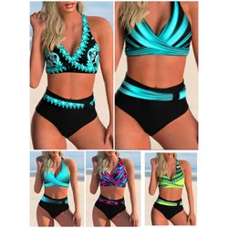 Conjunto de biquíni feminino com estampa listrada cintura alta, biquíni cross push up swimwear feminino de duas peças, moda praia, novo, 2022