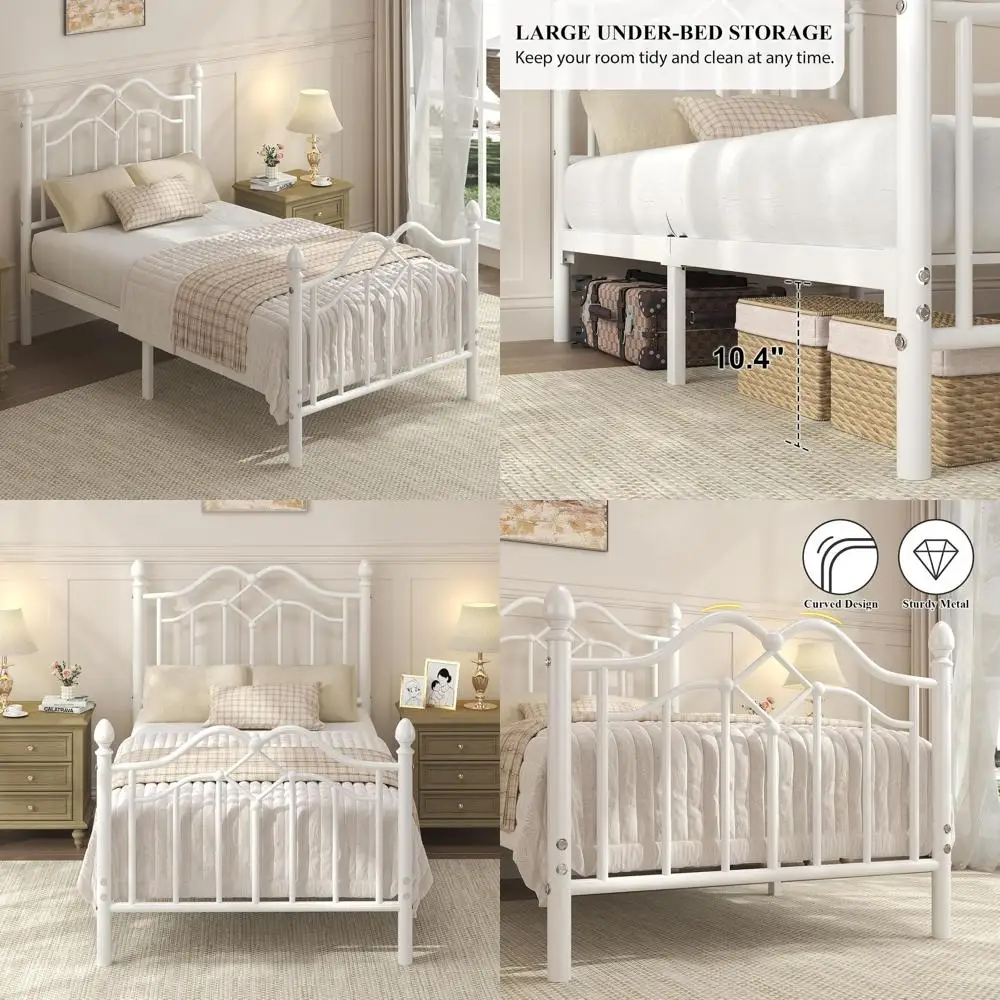 

Modern Metal Twin Bed Frame with Headboard and Footboard, Kids' Platform Bed, Supports 800 lbs, No Box Spring, Easy Assembly, Wh