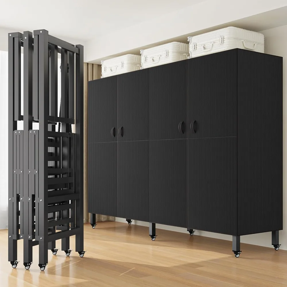 

Foldable Heavy Duty Rolling Covered Metal Garment Rack on Lockable Wheels Large Capacity 360°Enclosed Portable Wardrobe Closet f