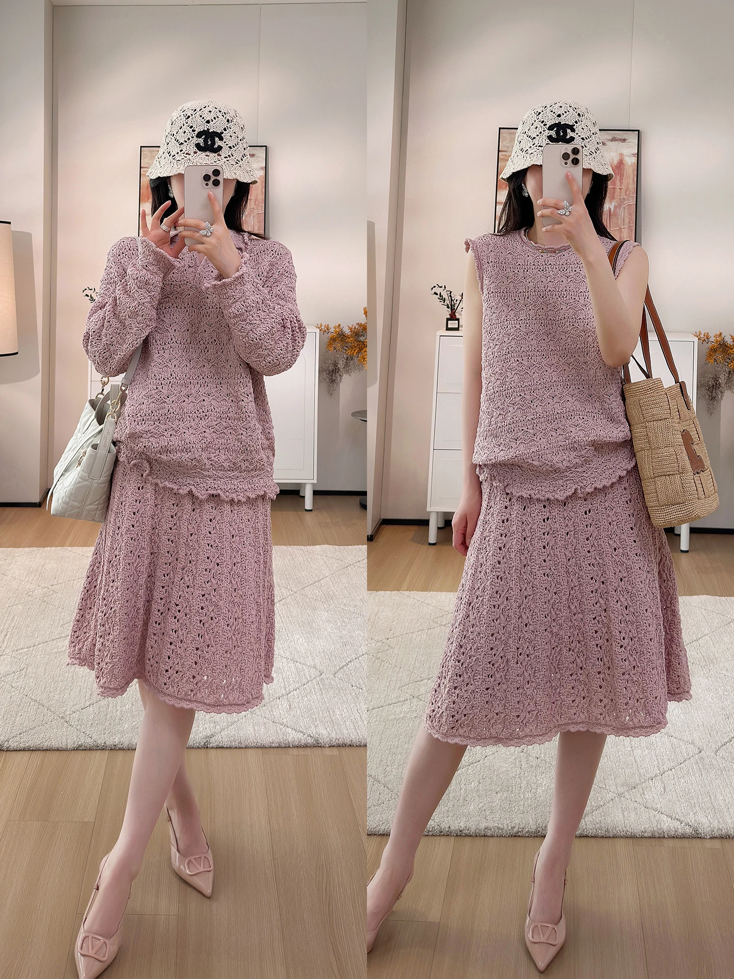 

JN Gauze High Elasticity Knitted Sweater A-Line Skirt Open Cardigan Vest Set Pink Purple Hook Flower Soft Breeze