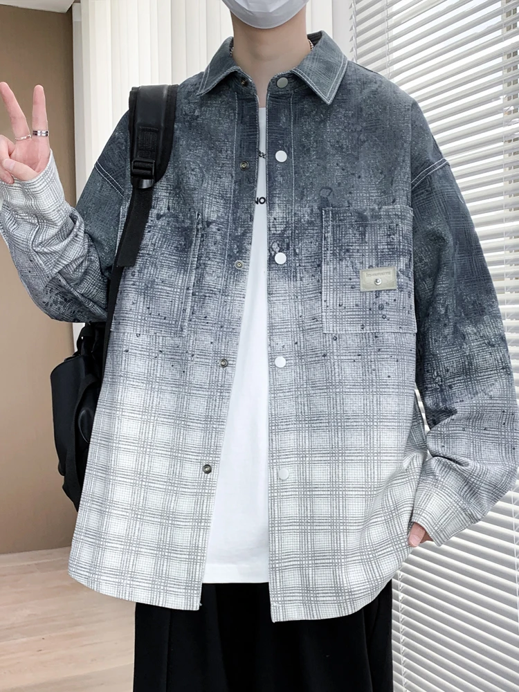 

Trendy Plaid Denim Jaet for Men Spring Autumn New Sle Casual Cool Teenager Top Loose Fit Multi ket Embroidery Wear Res...