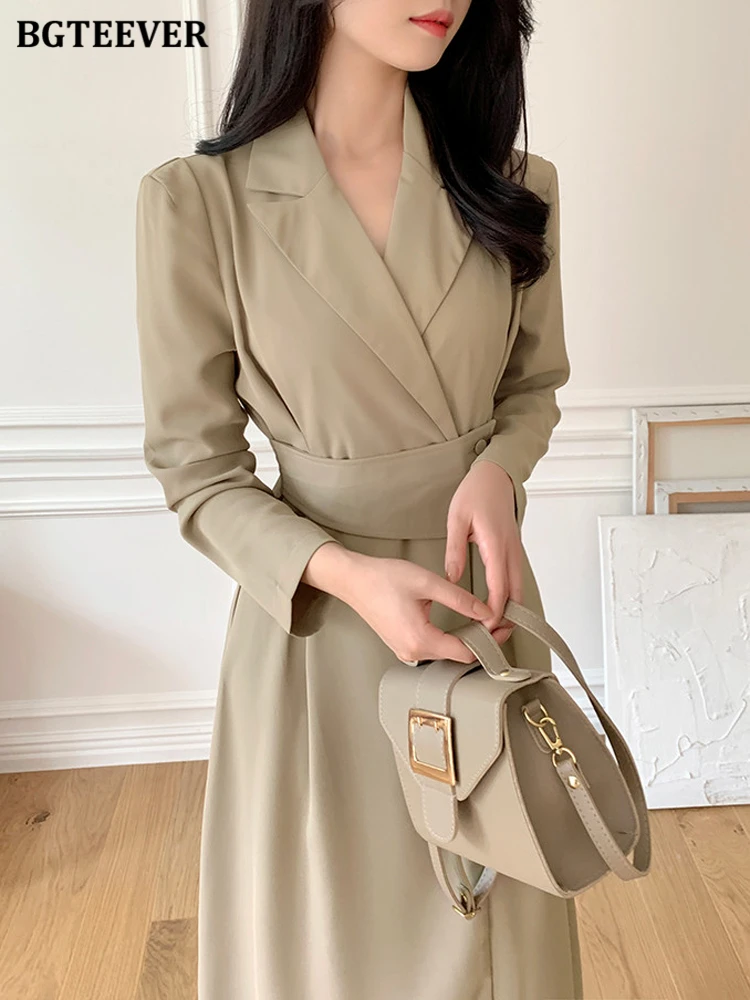 BGTEEVER Elegant Notched Collar Solid Suit Dress Women Spring Autumn Long Sleeve Belted Slim Waist A-line Dress Female