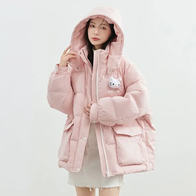 Cappotto con cappuccio caldo e spesso Sanrio Hello Kitty per donna Cappotto invernale con cerniera stile college allentato casual versatile di nicchia