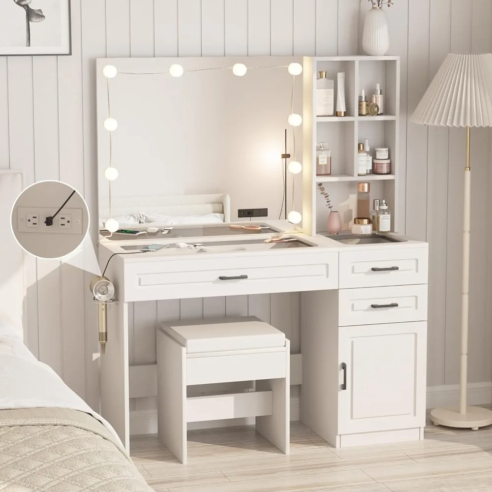 

Vanity Desk with Lighted Mirror & Power Strip,Large Vanity Table with Glass top ,3 Drawer Makeup Desk,3 Lighting Modes,White