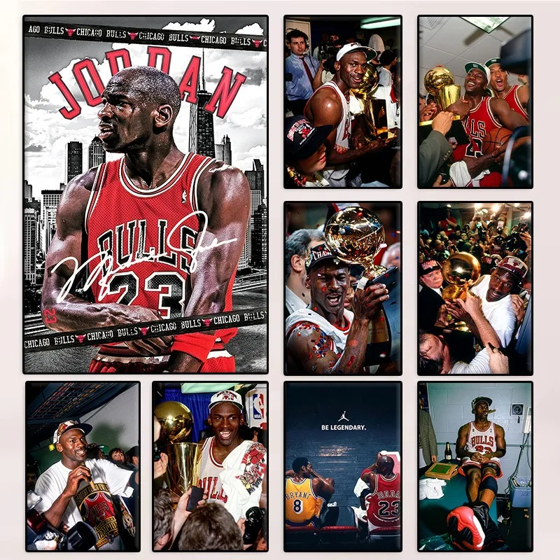 Affiche vintage de joueur de basket-ball M-Michael Jordan, peinture sur toile du trophée du championnat de basket-ball, art mural pour la décoration de salon