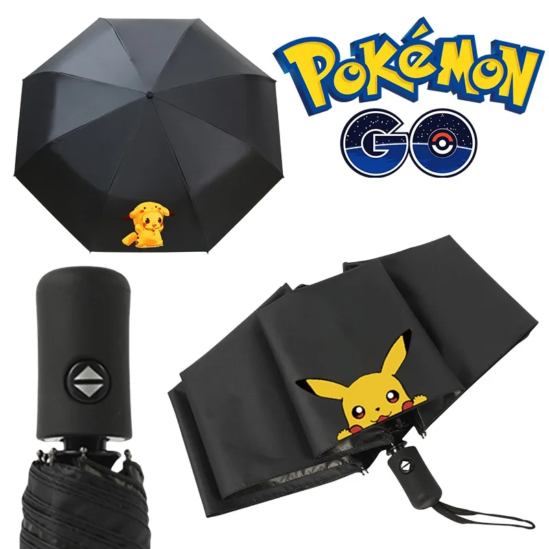 Pokemon Pikachu Folding Umbrella Anime Fully Automatic Kids School Sunshade Travel UV Resistant Windproof Black Coating Umbrella