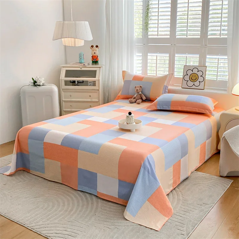 Geometric Cotton Flat Sheet Blue Orange Abstract Square Bed Sheets Colorful Print Bedding Sets for Kids Boys Bedroom Decor