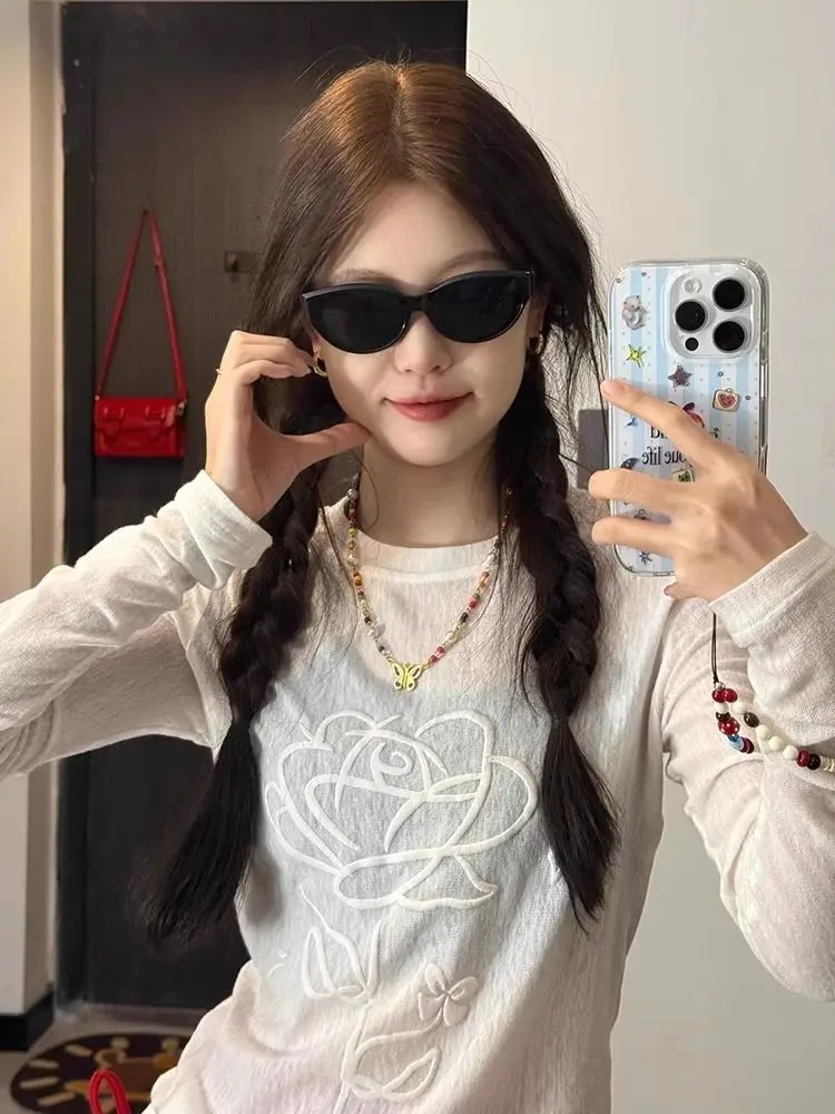 Y2k Tops Clothes Women Aesthetics Long-sleeved T-shirts White 3D Foam-Print Sheer Sun-Protective Spring Summer Lightweight Tops
