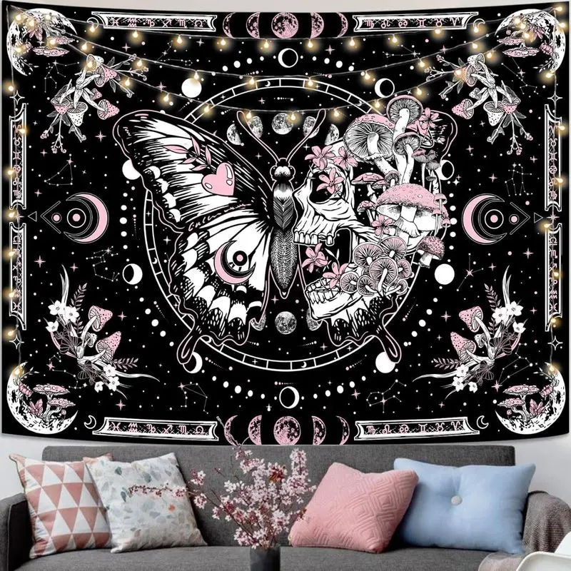 VIKAMA Pink Butterfly Skull Tapestry Mushroom Moon Phase Goth Y2K Wall Hanging Dark Fairycore Wall Art Bedroom Dorm Decor
