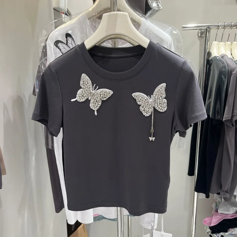 Neploe Fashion Heavy Beading Butterfly T-shirts Y2k O-neck All-match White Tops Women 2024 Summer New Short Sleeve Tee Shirt