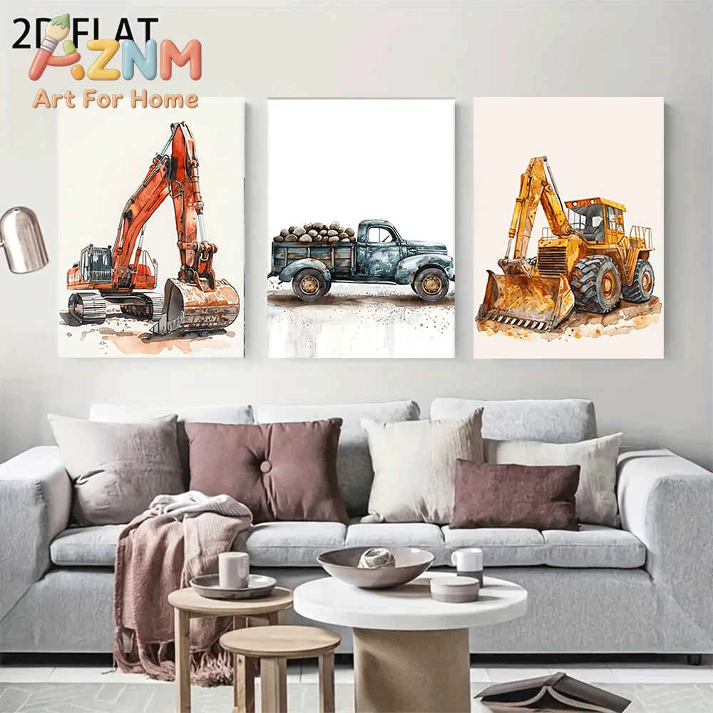 AZNM Frameless Canvas Wall Art, Watercolor Construction Vehicle Print, Excavator Loader Vintage Truck Art Poster for Boys Nurser