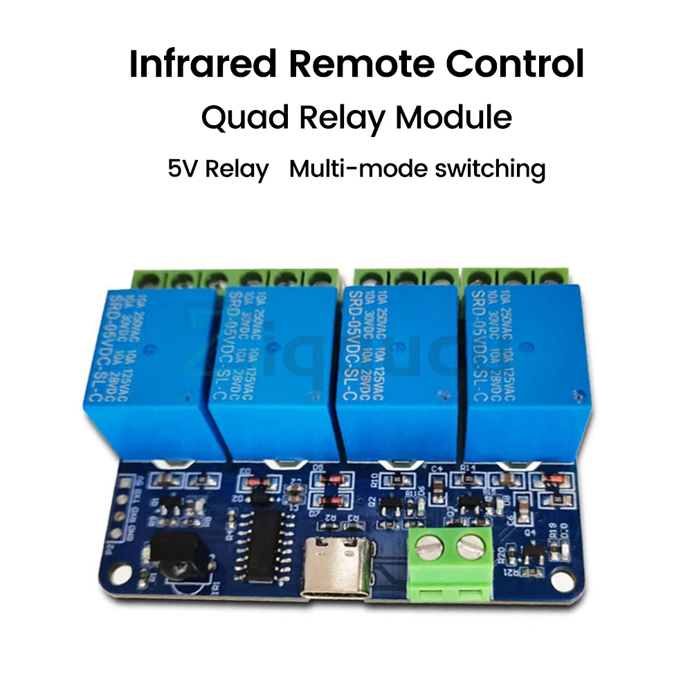 DC5V 4-way infrared remote control wireless relay module supports self-locking point action interlock mode Type-C interface