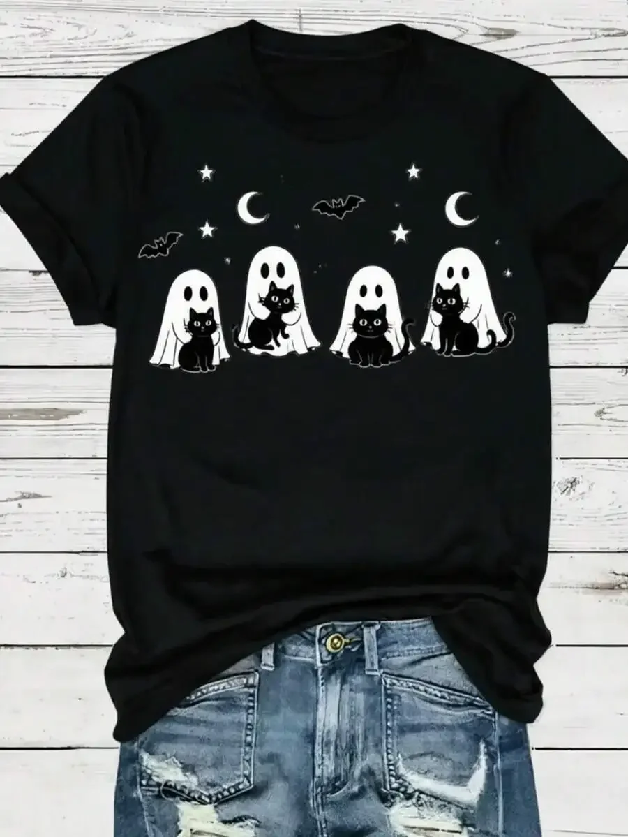 2026 New Fashion Women Crew Neck Short Sleeve T-Shirt Plus Size Y2K Vintage Halloween Ghost And Black Cat Theme Print Oversized Fall Casual Stylish Tops Basic Top T-Shirt