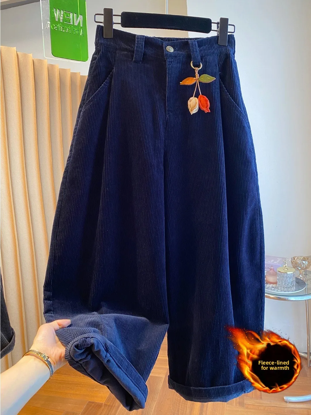 Retro Fce gefütterte Thi Cord Freizeithose Große Größe Damen Winter Lose Weites Bein Harlan andma Hose