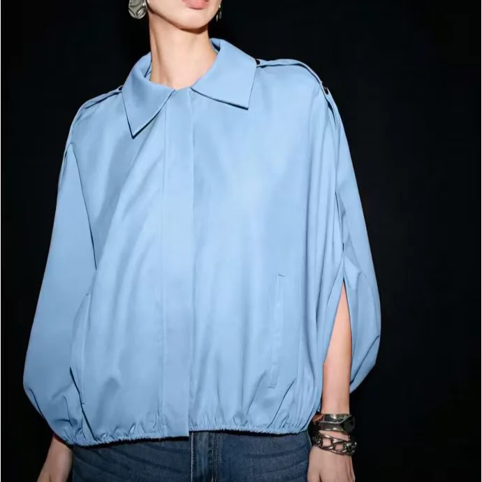 2026 New Light Blue Design Lapel Short Jacket Women's Removable Shoulder Buckle Split Bat Sleeve