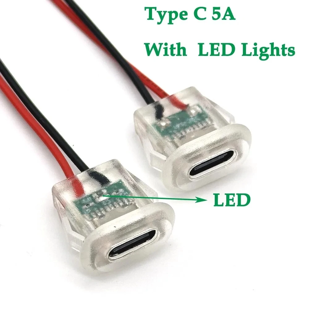 10PCS Female Connectors Transparent 2Pin USB Type-C With LED Lights Input Type Charging Socket Waterproof USB-C Power Port image 5